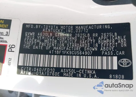 2012 Toyota Camry Le из США, поврежденный, VIN 4T1BF1FK9CU564907